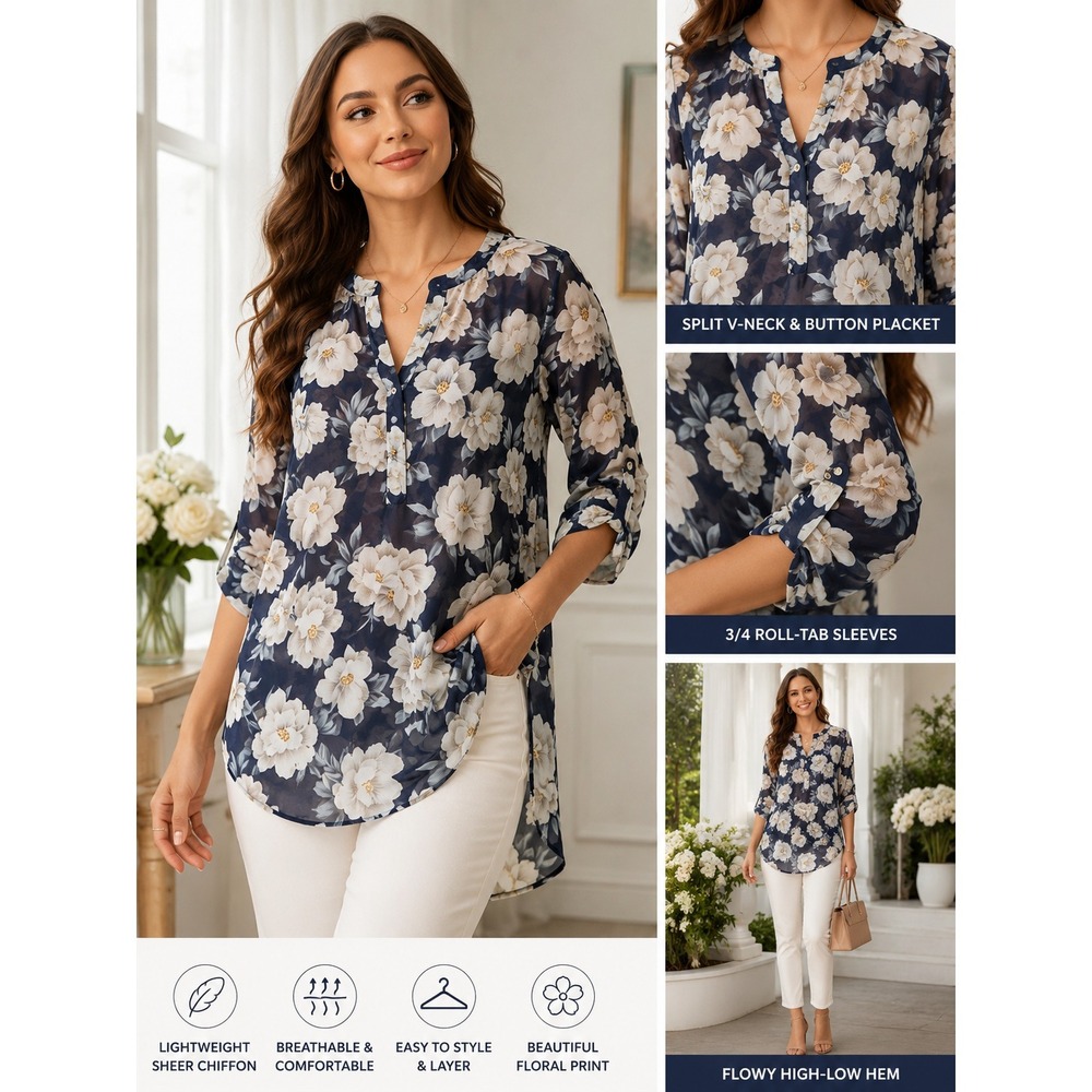 Navy Ivory Floral Sheer Tunic Blouse M 3/4 Roll-Tab Sleeve High-Low Cottagecore - Picture 2 of 10